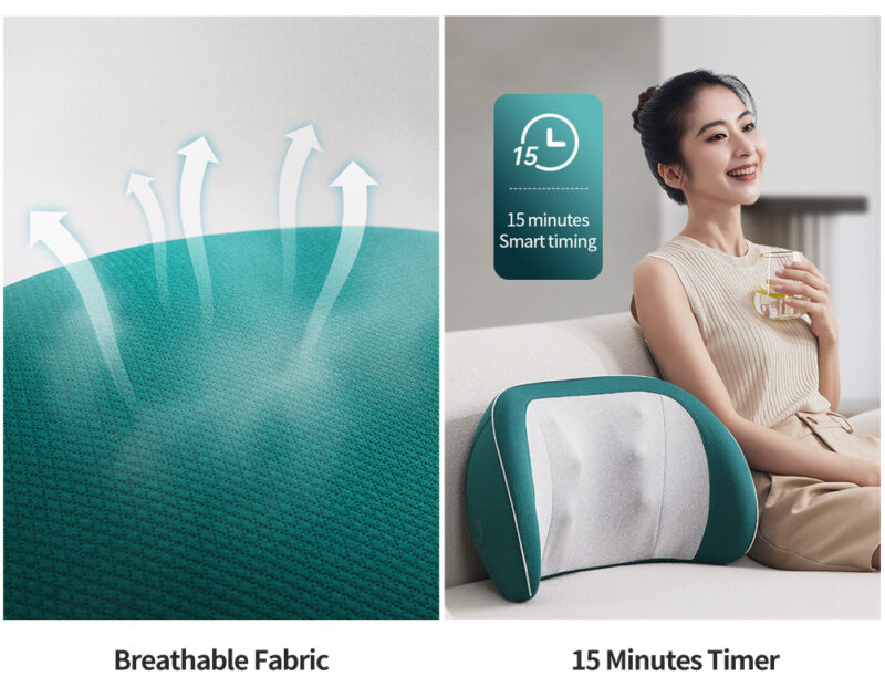 Image showing breathable fabric and a cushioned device with a 15-minute timer next to a smiling woman.