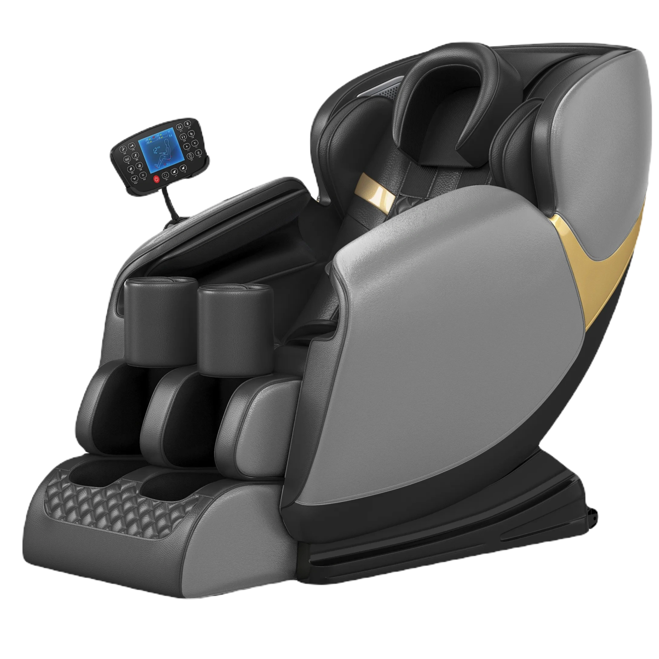 a black and gold massage chair with a remote control