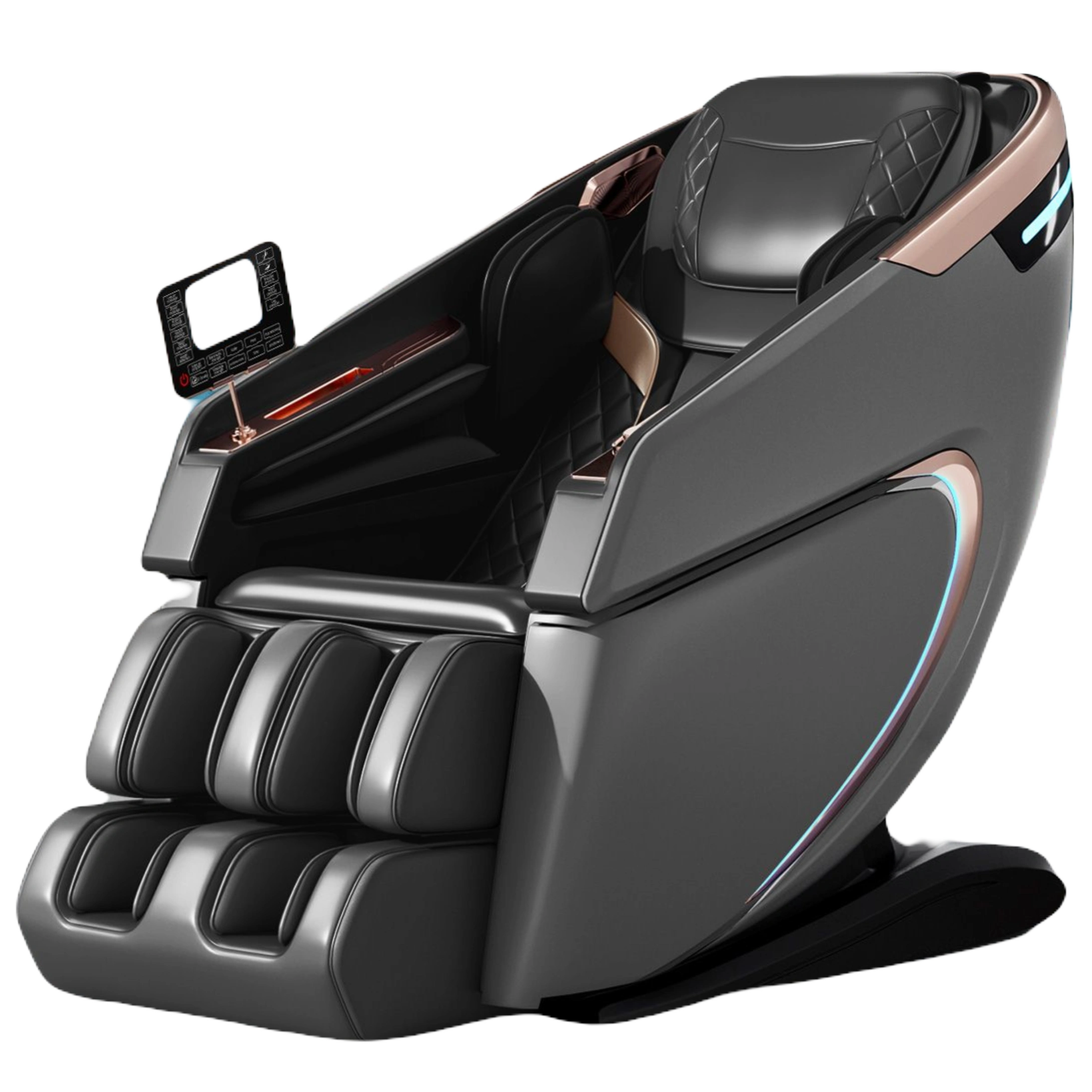 a black massage chair with the seat up